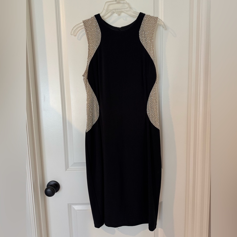 Xscape Black Midi Dress with Pearl-Embellished Cream Insets